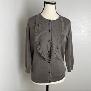 Ann Taylor Cardigan Sweater Button Down Ruffle Top Long Sleeve  Gray  SIZE S